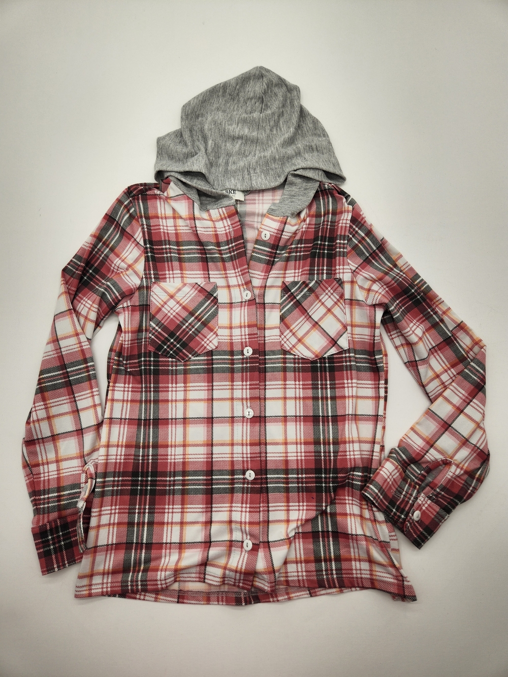 BKE Youth Hooded Plaid Button Front Shirt Girls Size Large Pink Gray Stretch